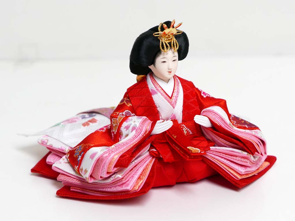 オレンジ桜花柄衣装の雛人形