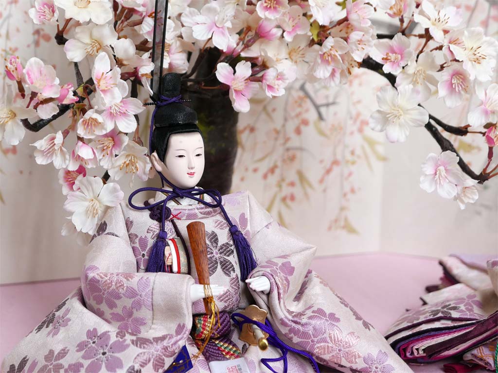 落ち着いた淡い紫桜衣装の雛人形桜収納飾り