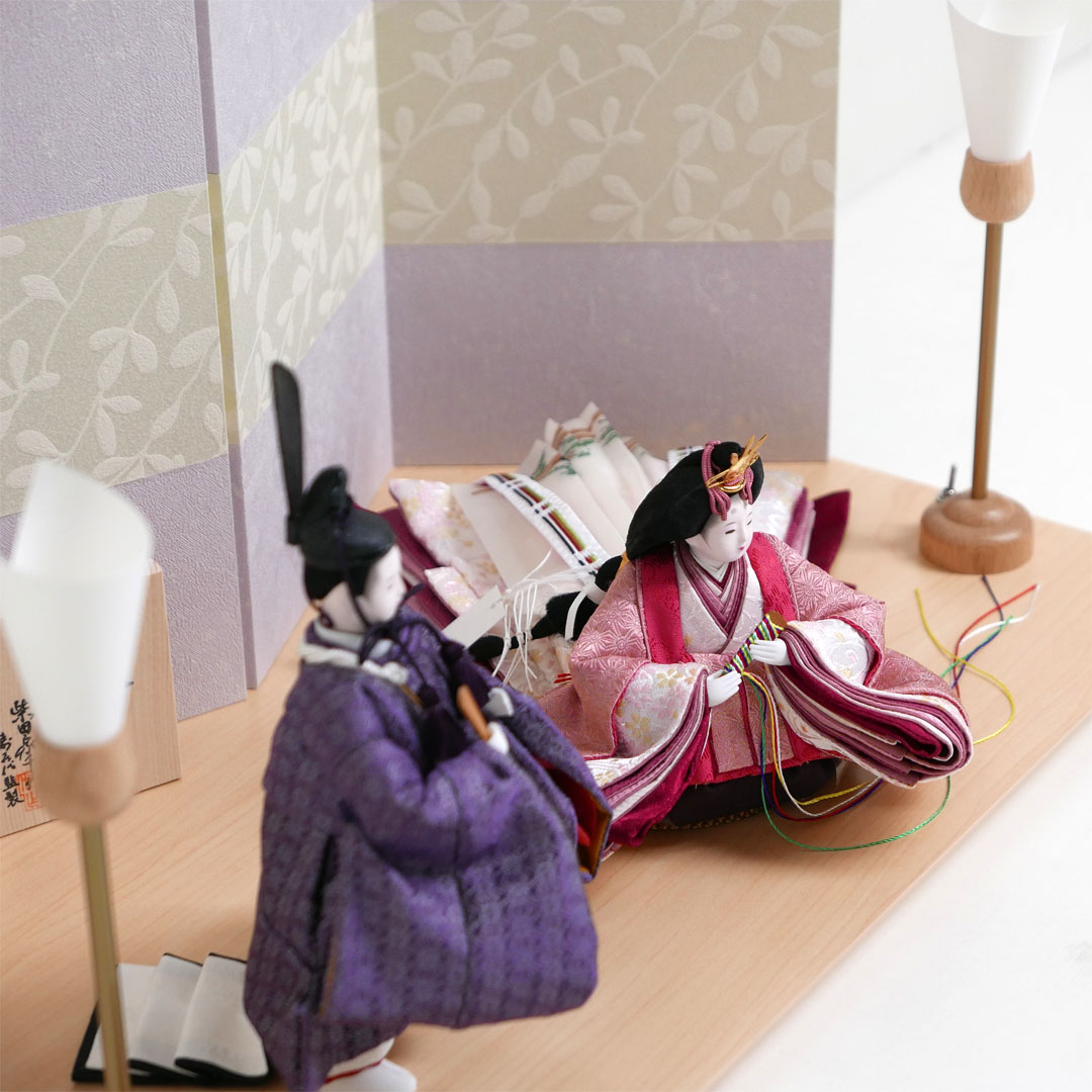 柴田家千代作 麻の葉柄衣装雛人形紫萩屏風親王飾り