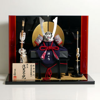 雄山作 浅葱威之兜12号円二曲屏風飾り 国宝模写